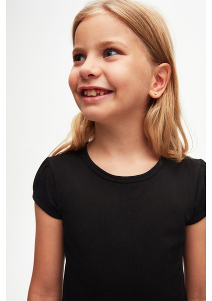 Siyah Basic Kız Çocuk Sıfır Yaka Karpuz Kol Tişört modelleri