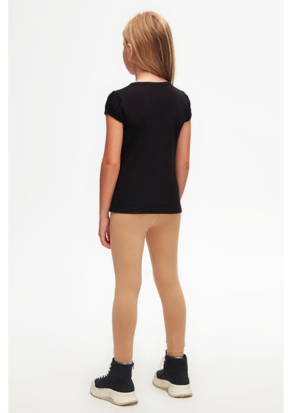 Siyah Basic Kız Çocuk Sıfır Yaka Karpuz Kol Tişört fırsatları