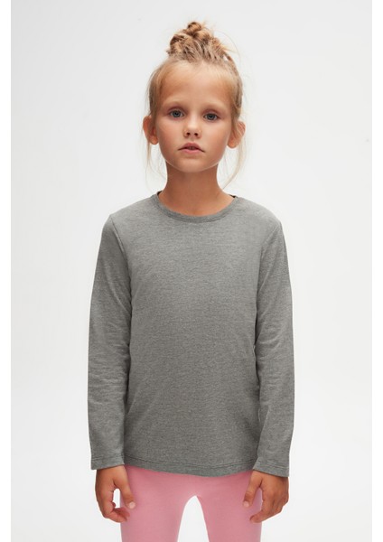 Buz Gri Basic Unisex Çocuk Mevsimlik Sıfır Yaka Uzun Kollu Tişört fiyatları
