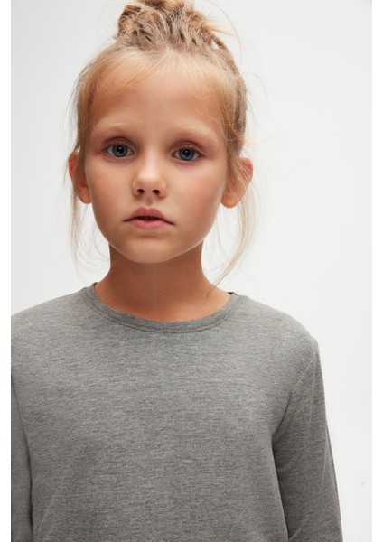 Buz Gri Basic Unisex Çocuk Mevsimlik Sıfır Yaka Uzun Kollu Tişört modelleri
