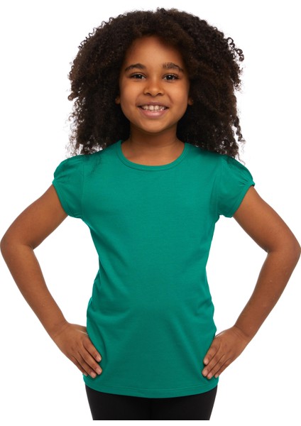 Koyu Yeşil Basic Kız Çocuk Sıfır Yaka Karpuz Kol Tişört