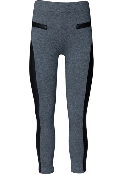 Koyu Gri Yanı Deri Panelli Kız Çocuk Tayt