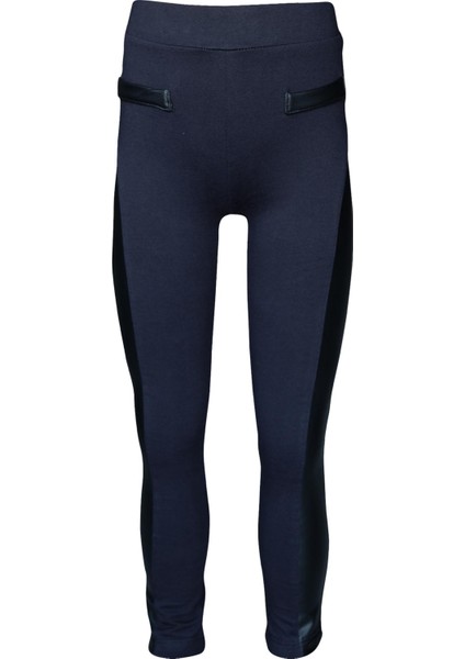 Koyu Lacivert Yanı Deri Panelli Kız Çocuk Tayt