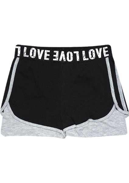SİYAH-GRİ Love Yazılı Beli Lastikli Kız Çocuk Şort