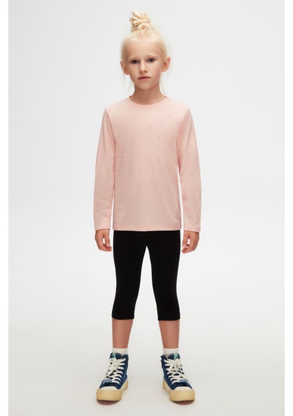Koyu Pembe Melanj Basic Unisex Çocuk Mevsimlik Sıfır Yaka Uzun Kollu Tişört