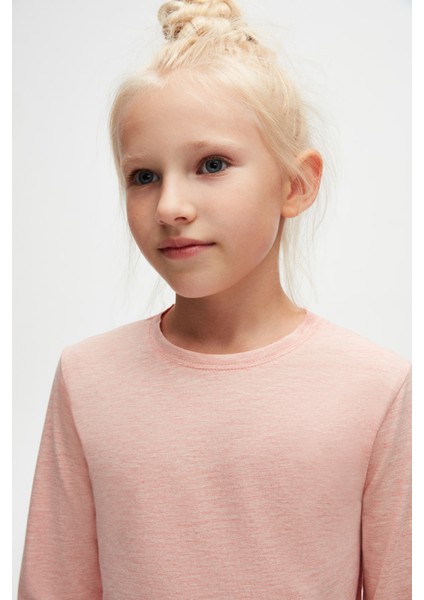 Koyu Pembe Melanj Basic Unisex Çocuk Mevsimlik Sıfır Yaka Uzun Kollu Tişört modelleri