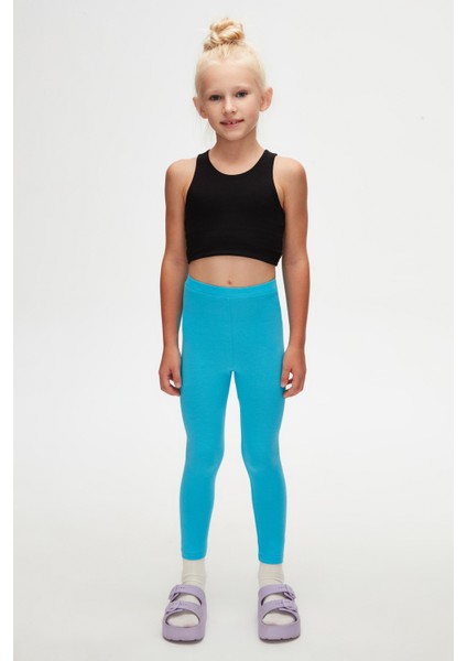 Okyanus Mavi Kız Çocuk Tam Boy Düz Basıc Tayt