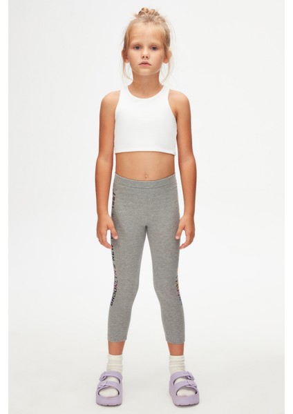 Açık Gri New York Baskılı Şardonlu Kız Çocuk Kışlık Tayt