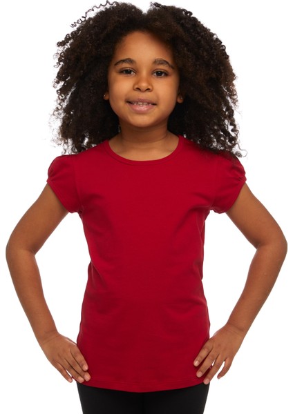Kırmızı Basic Kız Çocuk Sıfır Yaka Karpuz Kol Tişört