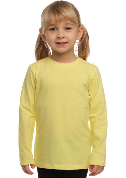 Açık Sarı Basic Unisex Çocuk Mevsimlik Sıfır Yaka Uzun Kollu Tişört