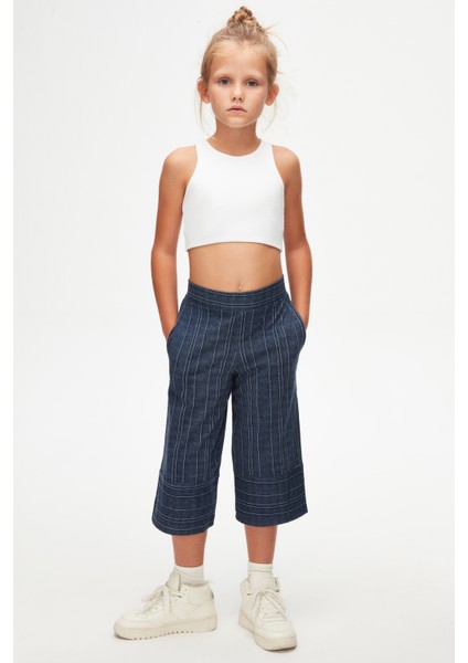 İndigo Çizgili Bol Paça Kız Çocuk Pantolon Kapri