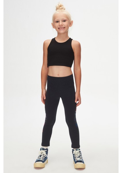 Koyu Lacivert New York Baskılı Şardonlu Kız Çocuk Kışlık Tayt