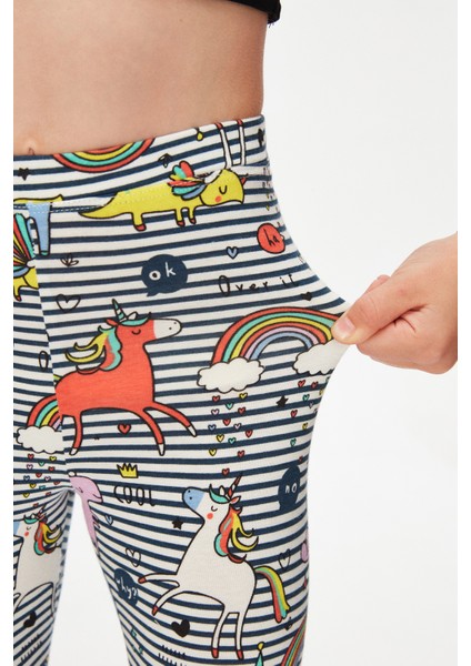 Rainbow Unicorn Kız Çocuk Desenli Diz Altı Tayt Kapri