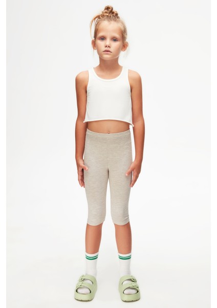 Koyu Bej Melanj Basic Kız Çocuk Diz Altı Tayt Kapri