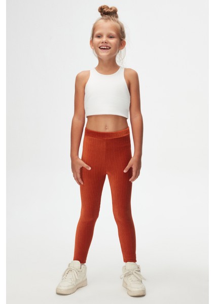 Kiremit Kız Çocuk Fitilli Kadife Tayt