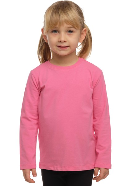 Şeker pembe Basic Unisex Çocuk Mevsimlik Sıfır Yaka Uzun Kollu Tişört