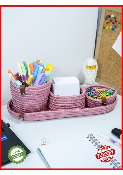 Çalışma Masası Kalemlik&ofis Masa Üstü Doğal Jüt Ip Çok Amaçlı Orginazer Pembe(4parça Kalemlik Seti)