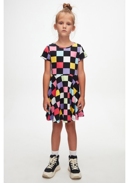 Op Art Chechers Kız Çocuk Desenli Kısa Kollu Elbise