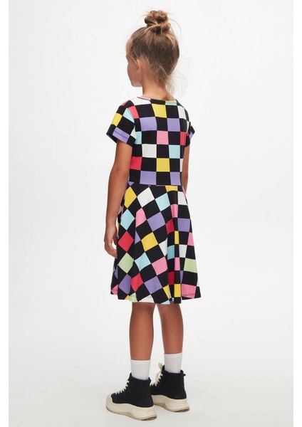 Op Art Chechers Kız Çocuk Desenli Kısa Kollu Elbise