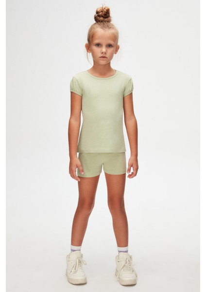 Açık Çağla Yeşil Basic Kız Çocuk Sıfır Yaka Karpuz Kol Tişört