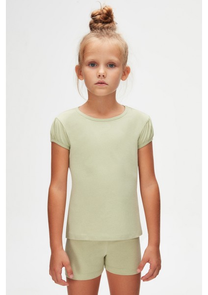 Açık Çağla Yeşil Basic Kız Çocuk Sıfır Yaka Karpuz Kol Tişört fiyatları