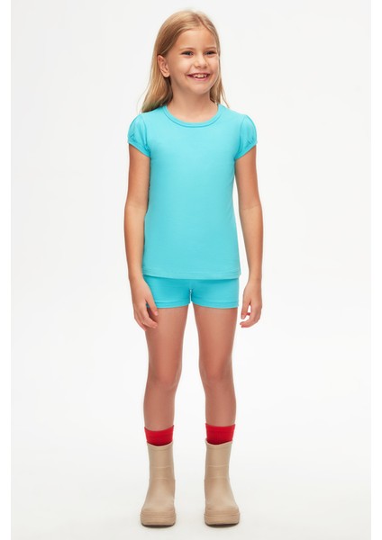 Açık Turkuaz Basic Kız Çocuk Sıfır Yaka Karpuz Kol Tişört