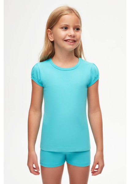 Açık Turkuaz Basic Kız Çocuk Sıfır Yaka Karpuz Kol Tişört fiyatları