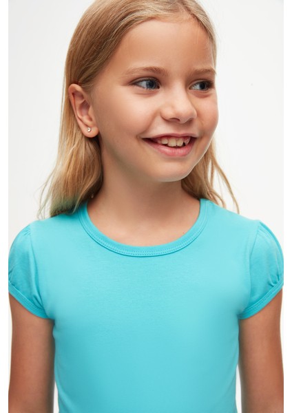 Açık Turkuaz Basic Kız Çocuk Sıfır Yaka Karpuz Kol Tişört modelleri