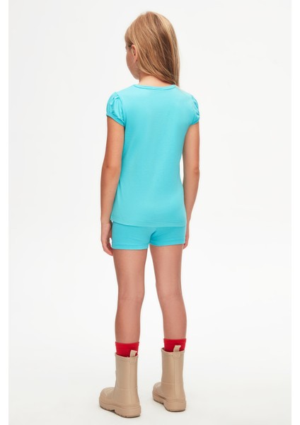 Açık Turkuaz Basic Kız Çocuk Sıfır Yaka Karpuz Kol Tişört fırsatları