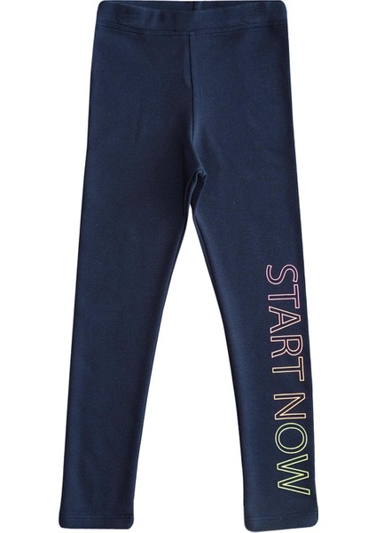 Açık Lacivert Start Now Baskılı Kız Çocuk Kışlık Şardonlu Kız Çocuk Tayt