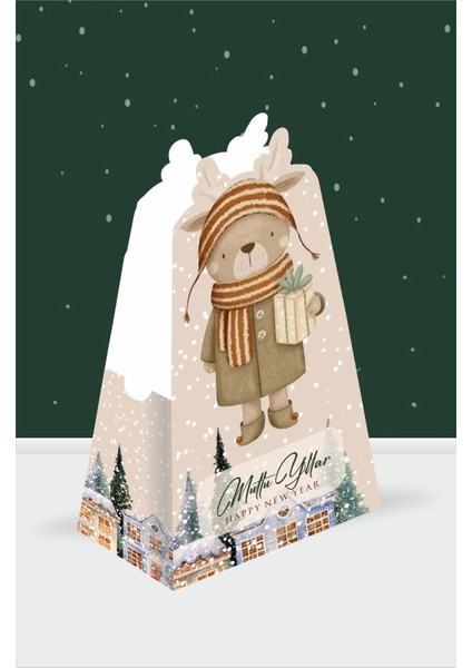 Yeniyıl teması geyikli piramit kutu - mini ( anahtarlık, mini oyuncak, şeker) 13x7x5 cm *8'li paket