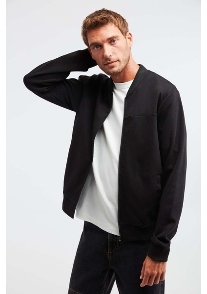 Norm Erkek Fermuarlı Triko Yakalı Slim Fit Günlük Siyah Ceket