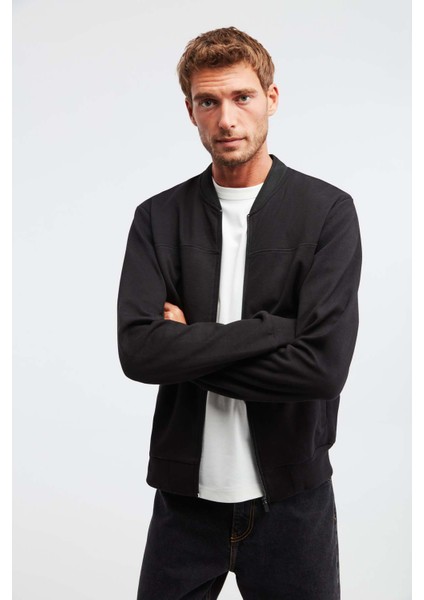 Norm Erkek Fermuarlı Triko Yakalı Slim Fit Günlük Siyah Ceket modelleri