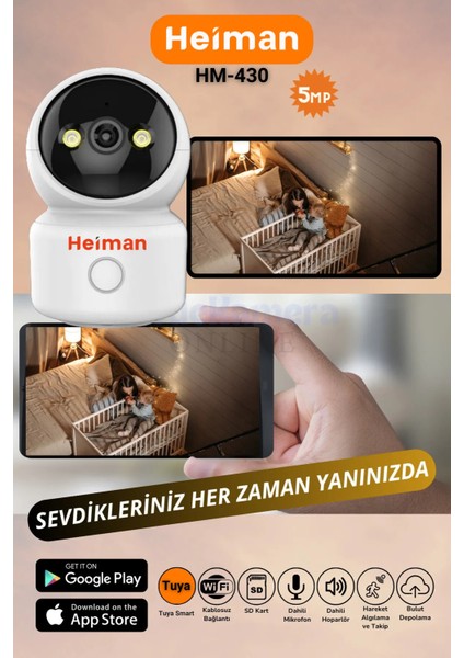 HM-430 Wifili Bakıcı Bebek Kamerası 5mp 256 GB Sd Kart Desteği Çift Yönlü Ses Sürekli Kayıt Modu