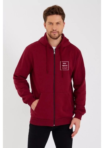 Unisex Tam Fermuarlı Kapşonlu özel Tasarım Sweatshirt - Bordo