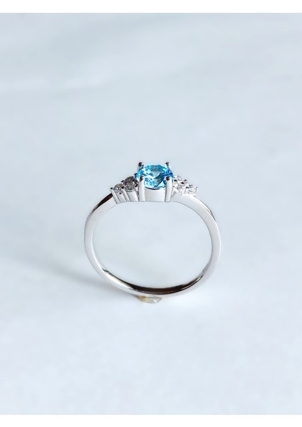 925 Ayar Gümüş Mavi Aqua Marin Tek Taş Tasarım Evlilik Yüzüğü Kadın Yüzük Yıldönümü Hediye