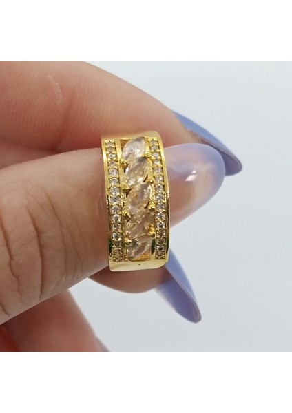 Çelik Gold Zirkon Taşlı Ayarlanabilir Yüzük