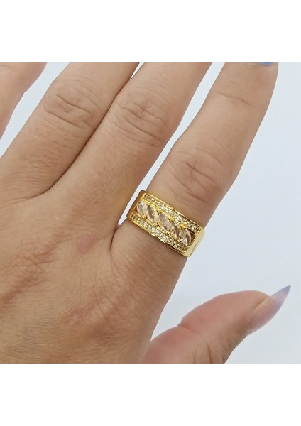 Çelik Gold Zirkon Taşlı Ayarlanabilir Yüzük