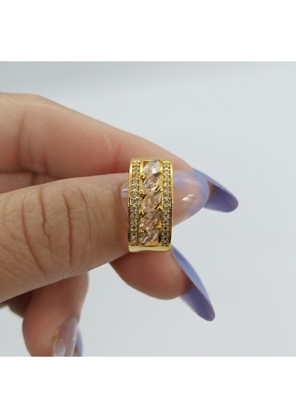 Çelik Gold Zirkon Taşlı Ayarlanabilir Yüzük