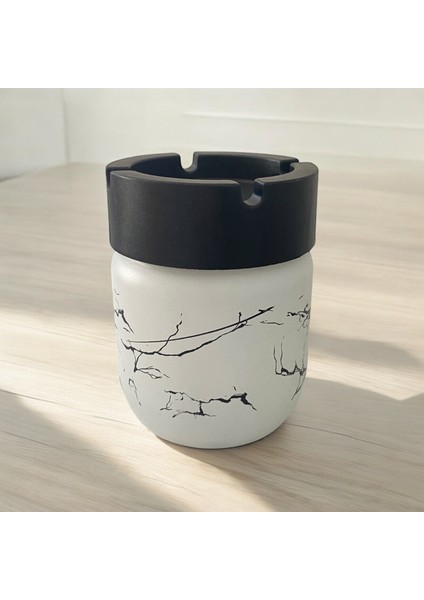 Cam Küllük/ Kül Tablası Mermer Desenli-Beyaz
