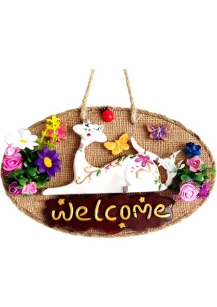 Welcome Yazılı Kedili El Yapımı Kapı Süsü