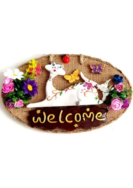 Welcome Yazılı Kedili El Yapımı Kapı Süsü