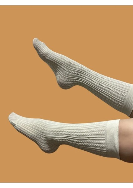 Knit Krem 200 Denye Kalın Kışlık Kendinden Desenli Dizaltı Kadın Pantolon Çorabı