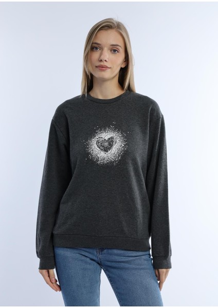 Kadın Kalp Baskılı 3 Iplik Şardonsuz Sweatshirt Antrasit Melanj