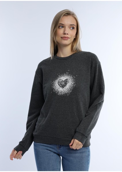 Kadın Kalp Baskılı 3 Iplik Şardonsuz Sweatshirt Antrasit Melanj