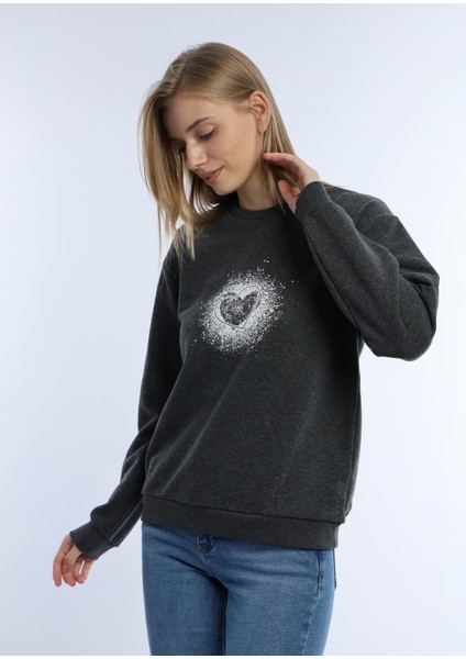 Kadın Kalp Baskılı 3 Iplik Şardonsuz Sweatshirt Antrasit Melanj
