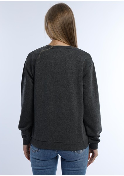 Kadın Kalp Baskılı 3 Iplik Şardonsuz Sweatshirt Antrasit Melanj