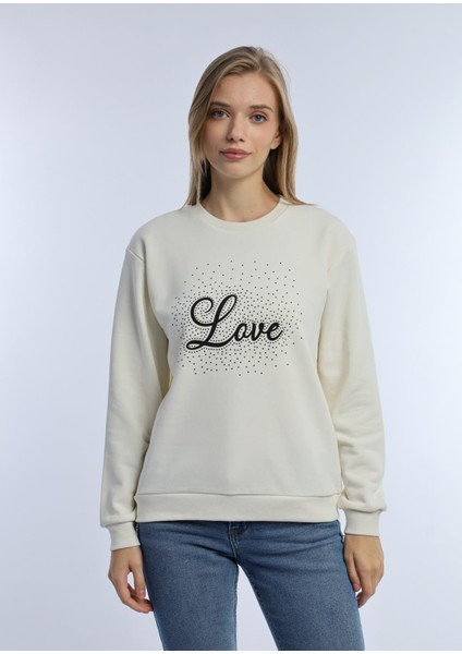 Kadın Love Baskılı 3 Iplik Şardonsuz Sweatshirt Ekru