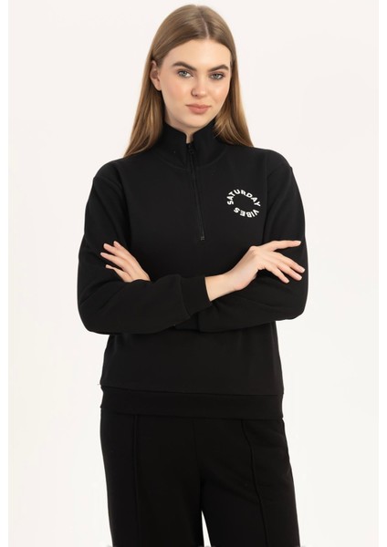 Kadın Yarım Fermuarlı Dik Yaka Sweatshirt Siyah