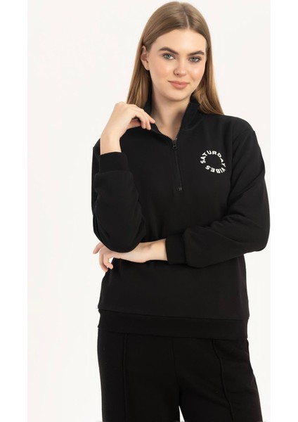 Kadın Yarım Fermuarlı Dik Yaka Sweatshirt Siyah fiyatları